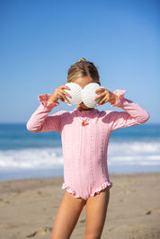 Pink Ruffle Sleeve Rashgaurd Swimsuit