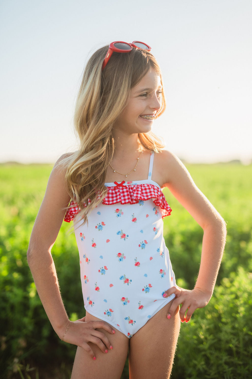 Blue Floral and Gingham One Piece