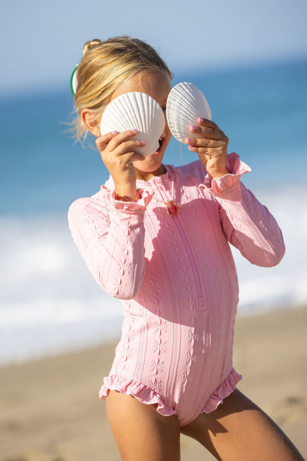 Pink Ruffle Sleeve Rashgaurd Swimsuit