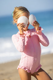 Pink Ruffle Sleeve Rashgaurd Swimsuit